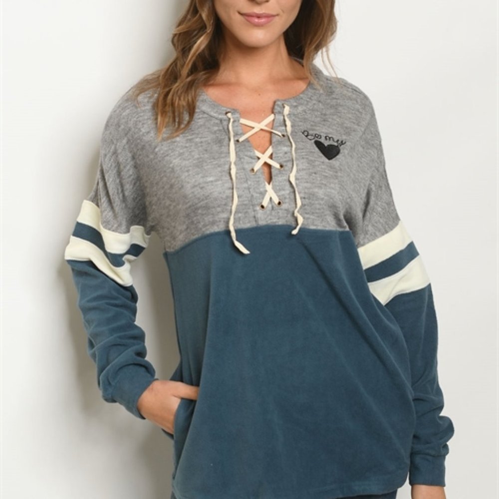 GRAY & TEAL CRISS-CROSS TUNIC SWEATER